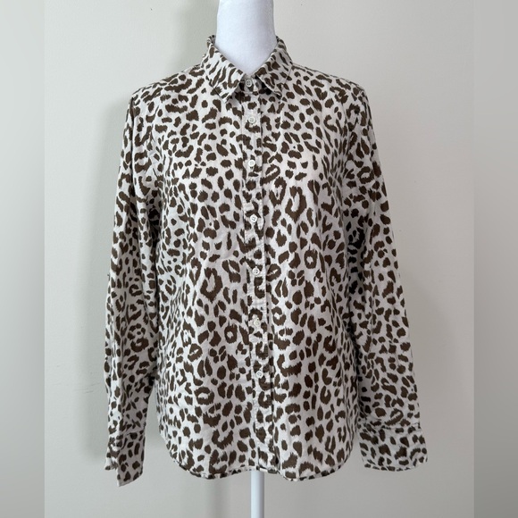J. Crew Perfect Linen Blend Button Front Animal Print Long Sleeve Shirt - Picture 1 of 7